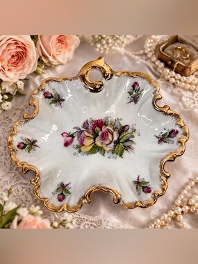 Vintage Porcelain Leaf Dish with Multicolor Roses & Gold Trim